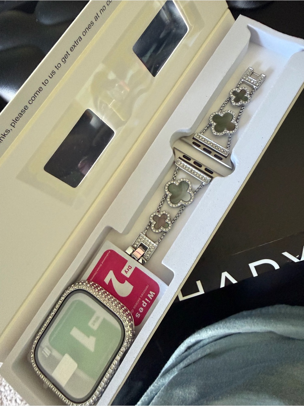 Apple Watch Series 10 Compatible Band Silver Black Clover Rhinestone 46 mm